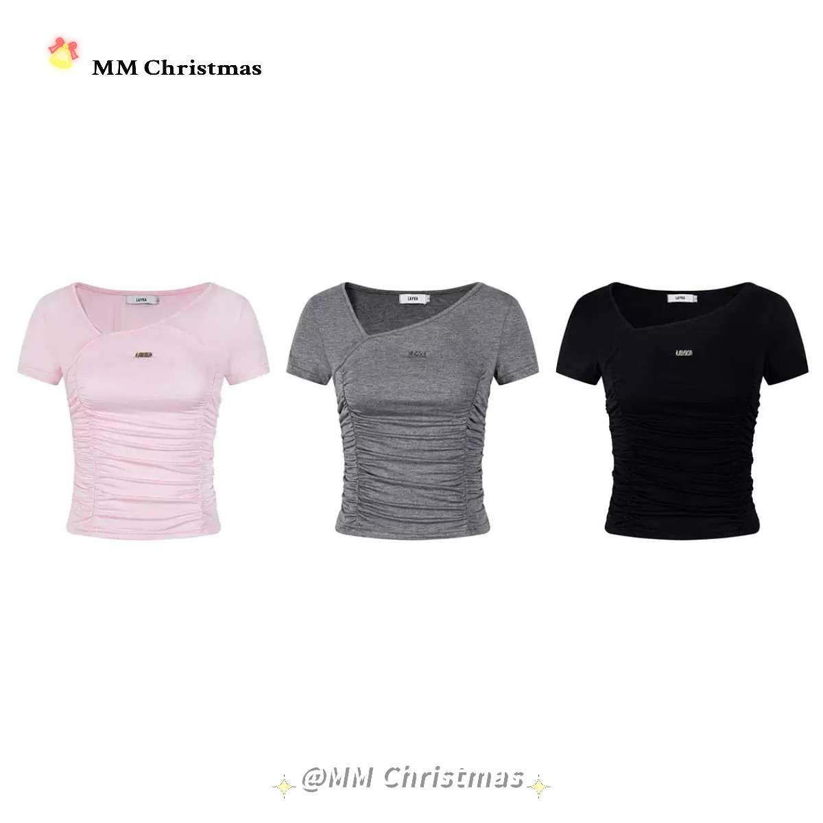 MMChristmasS韩系不规则短袖T恤女褶皱修身辣妹设计感上衣 26夏新