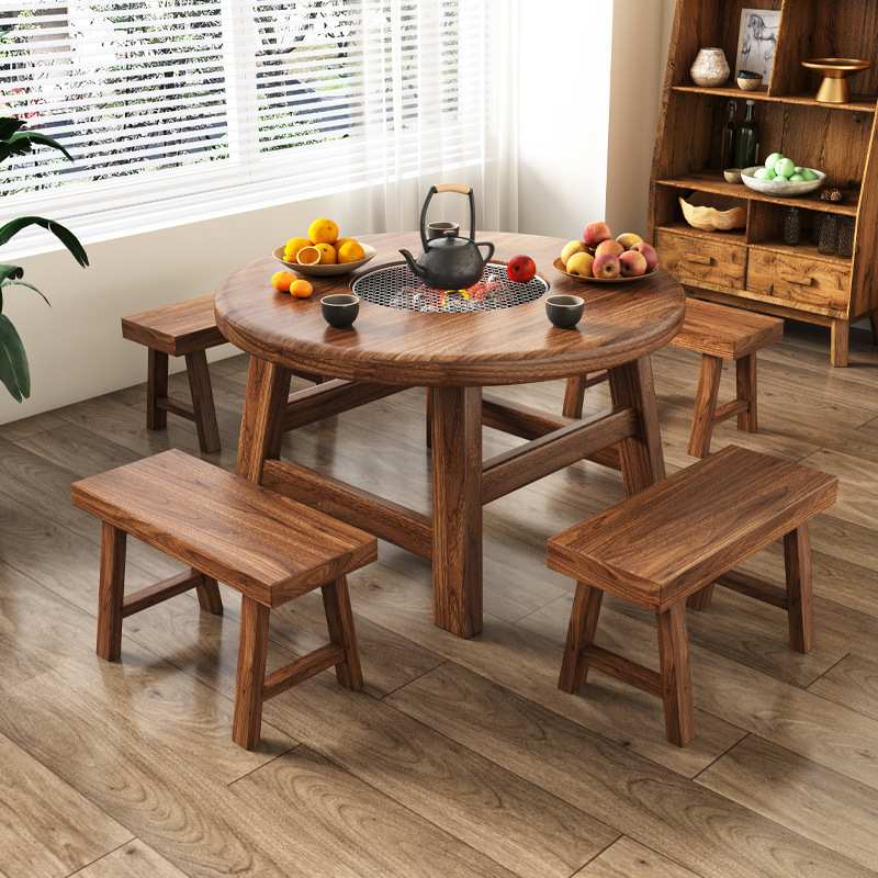 老榆木围炉碳电烧烤桌两用泡茶台阳台户外烧烤小圆桌家用煮茶桌