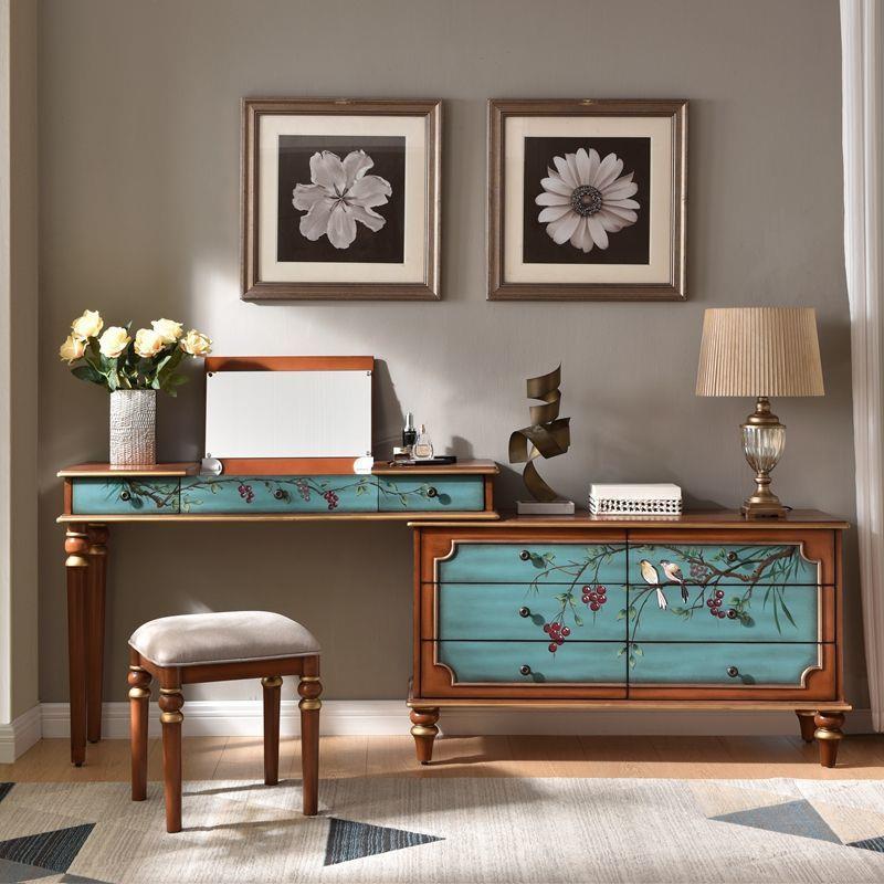 梳妆台彩绘复古组合书桌组合转角桌子长度可自由调节斗柜床头柜