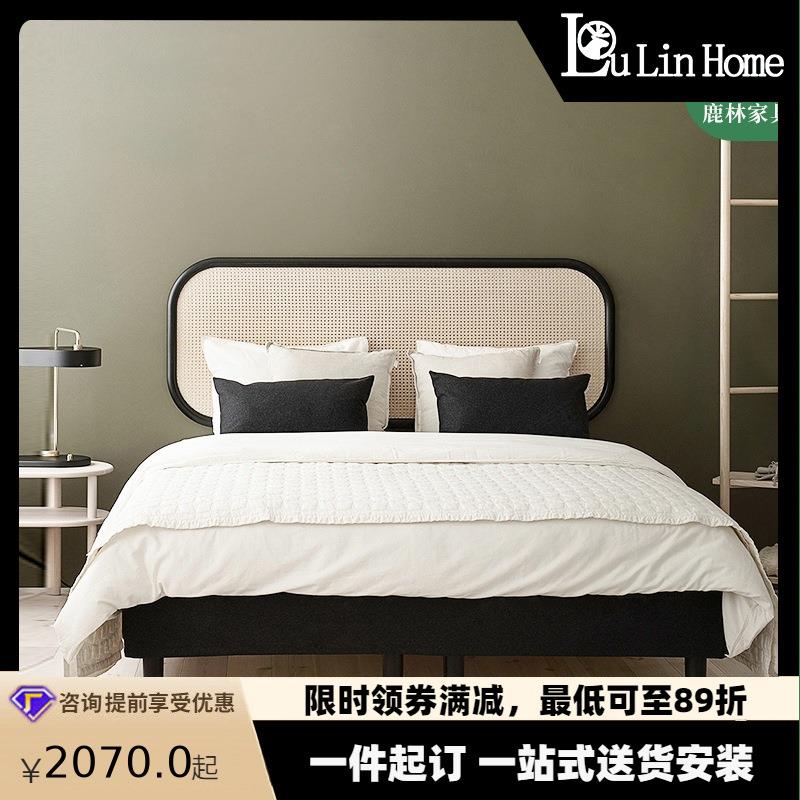 北欧实木藤床双人现代简约卧室1.51.8米布艺可拆洗白蜡木主卧床