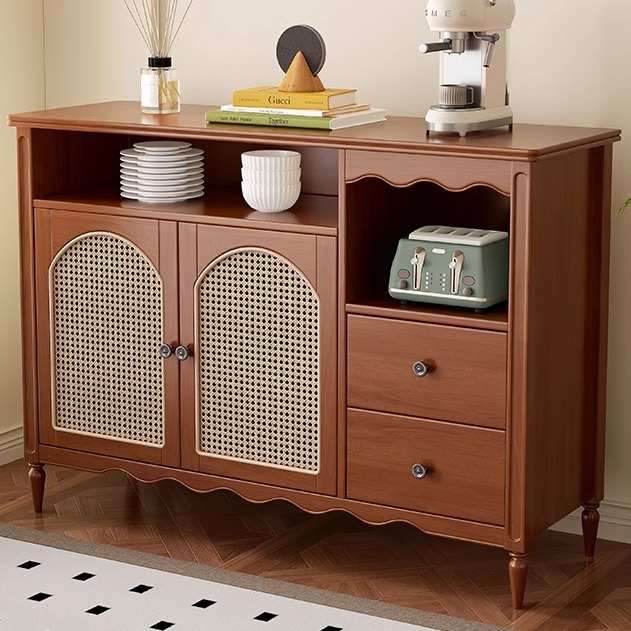 中古风实木藤编餐边柜靠墙一体客厅家用储物柜复古小户型茶水柜