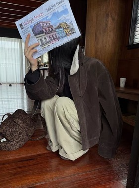 About moon~冬上新麂皮加绒翻领羊羔毛外套