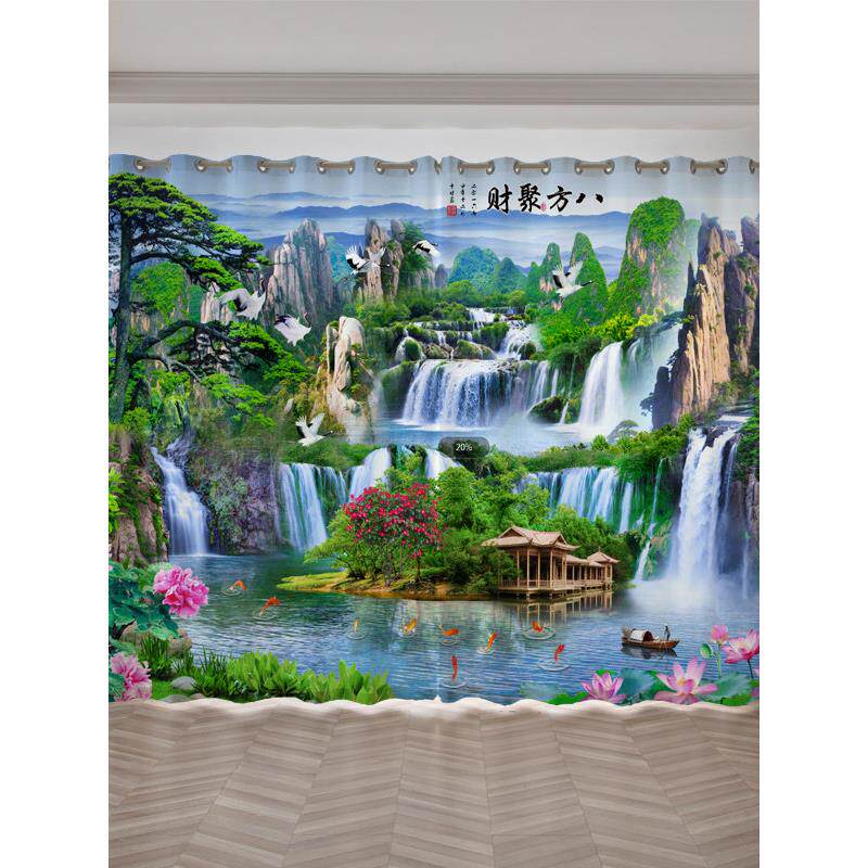 定制中式山水风景水墨画窗帘客厅书房办公会议室遮光隔热落地窗纱