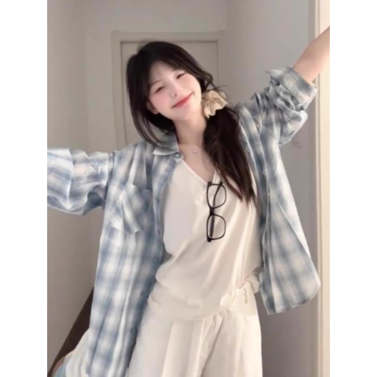 韩系松弛感格子衬衫女春夏季新款宽松慵懒风长袖衬衣外套休闲上衣