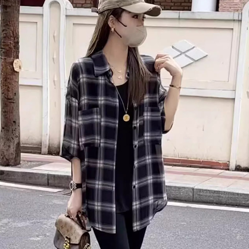 薄纱格子防晒衣衬衫女外套夏新款休闲百搭外穿开衫上衣
