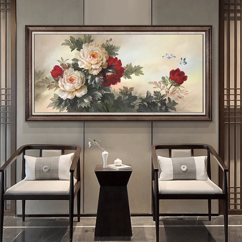 手绘蝴蝶牡丹油画新中式客厅沙发背景墙装饰画餐厅茶室床头横挂画图片
