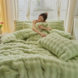 2025兔兔绒四件套床裙款兔毛绒剪花保暖绒泡泡牛奶绒四件套