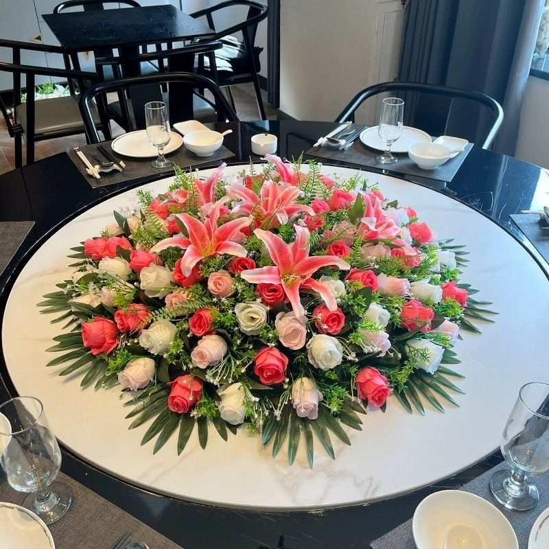 酒店圆桌转盘仿真花餐桌花摆花高端轻奢中间摆件装饰花假花茶桌花