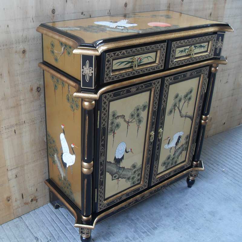 至高美精工画手绘松鹤延年门厅玄关柜复古彩绘客厅装饰柜高端明清