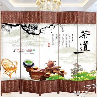 饰玄关客厅茶楼实木布艺现代简约折屏 移动屏风办公室隔断墙酒店装