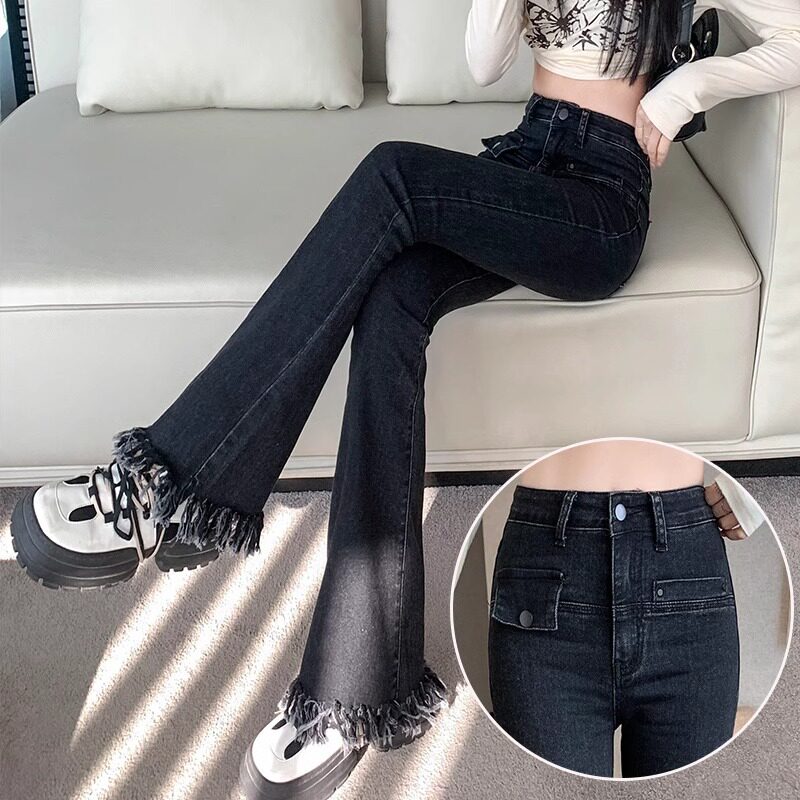 黑色毛边微喇叭牛仔裤女2025年春装新款修身设计感辣妹流苏马蹄裤