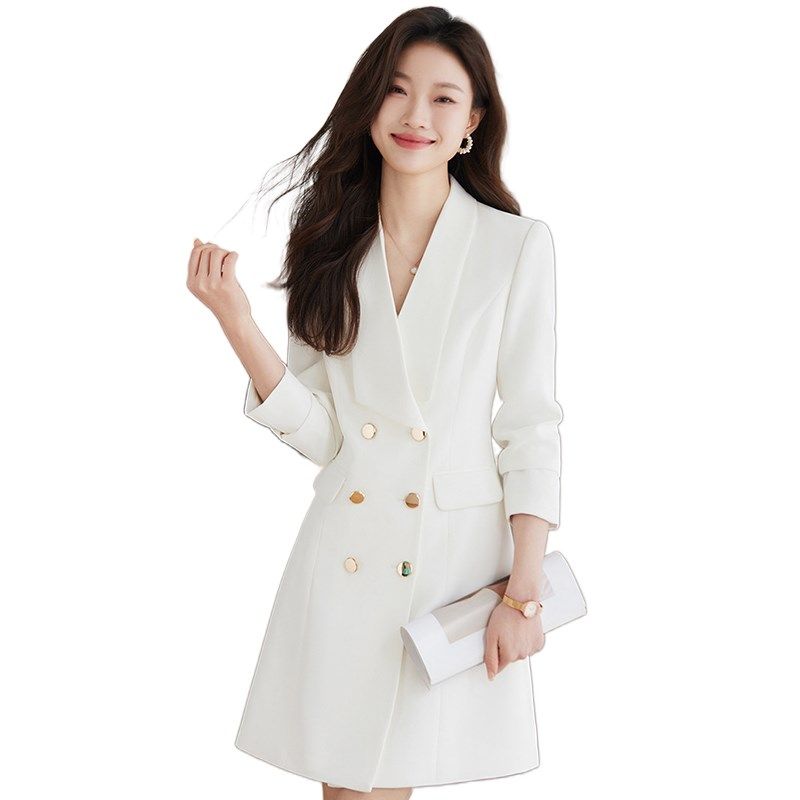 白色西装连衣裙女春秋新款高级感气质女神范收腰显瘦中长款a字裙