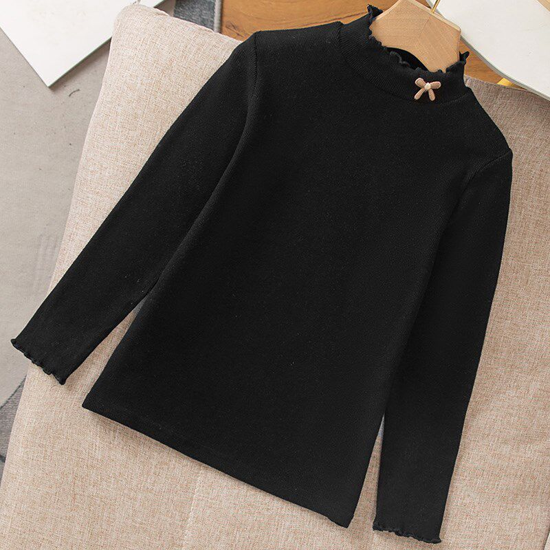 女童半高领打底衫宝宝春装儿童黑色木耳边春秋上衣女大童长袖t恤