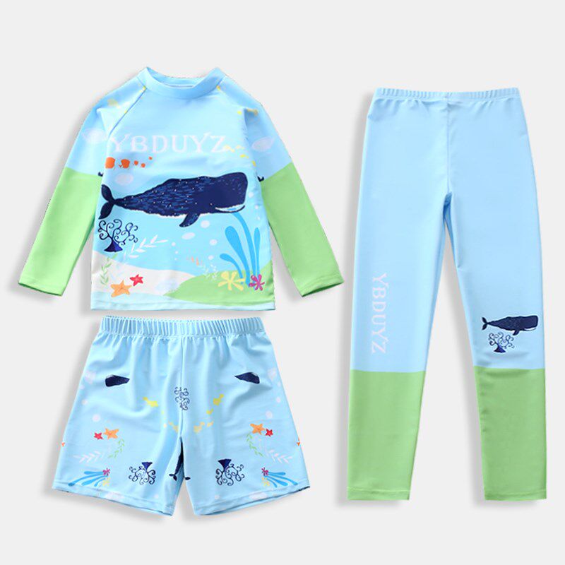 泳衣男童三件套中大童儿童套装分体男孩泳裤夏季长袖防晒海边度假