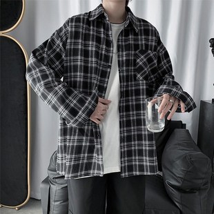 翻领防晒衬衣外套 港风宽松长袖 高级感vintage黑白格子衬衫 男女款