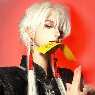 新中式全头套假发男道士纯白拖尾鲻鱼头国风清冷长发拍照cos道具