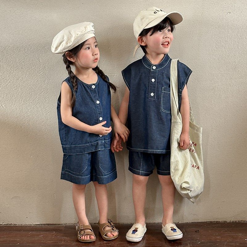 儿童夏季牛仔套装女童2024新款休闲宝宝衣服男童背心短裤兄妹夏装