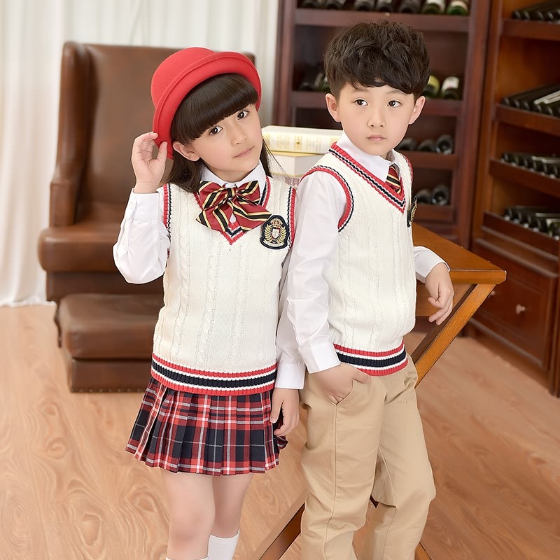 幼儿园园服团购春秋款全棉毛衣背心马甲英伦学院风小学生校服套装