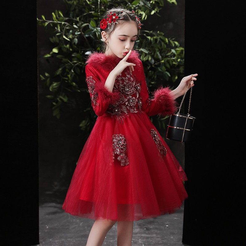 加厚花童晚礼服女童气质生日儿童公主裙小女孩高端钢琴演出服秋冬