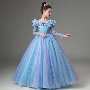 儿童礼服生日长袖灰姑娘公主裙秋冬小女孩主持人钢琴演出服装走秀