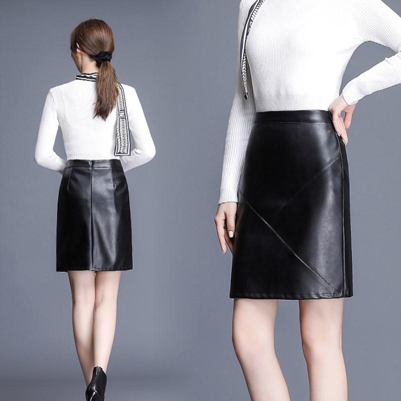 PU皮半身裙短裙黑色皮裙女秋冬新款显瘦A字裙修身高腰包臀裙中裙