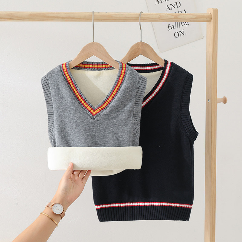 儿童毛线马甲男孩女童加绒加厚保暖外穿学生校服毛衣背心男童马夹