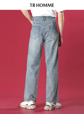 TR HOMME 港风牛仔裤男复古蓝色宽松直筒长裤青春休闲男青年裤子