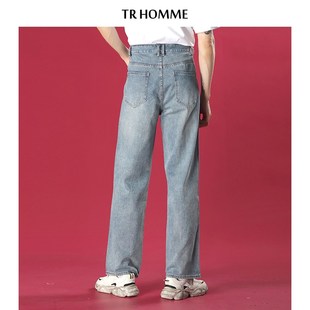TR HOMME 港风牛仔裤男复古蓝色宽松直筒长裤青春休闲男青年裤子