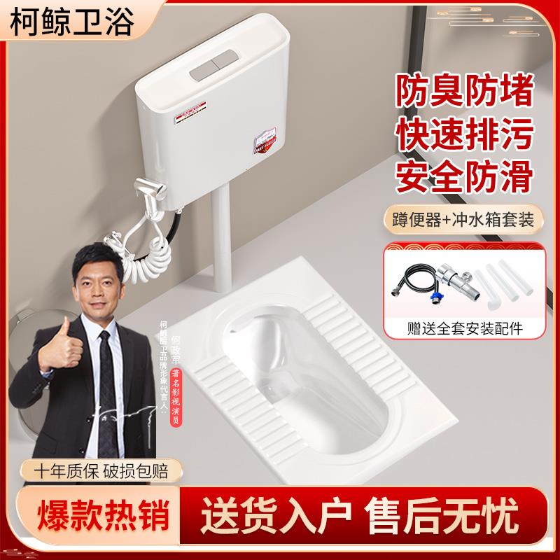 家用陶瓷蹲便器蹲坑式冲水箱整套装大便器卫生间防臭蹲厕便池便盆