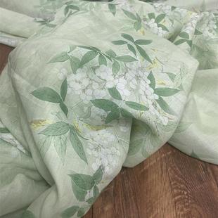 印花面料旗袍连衣裙布料 布久以逅42支淡绿色竹叶纯苎麻数码 繁莳