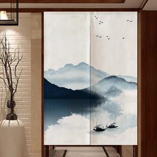 中式门帘家居隔断窗帘卧室块状无冲孔布艺客厅装饰山水半帘