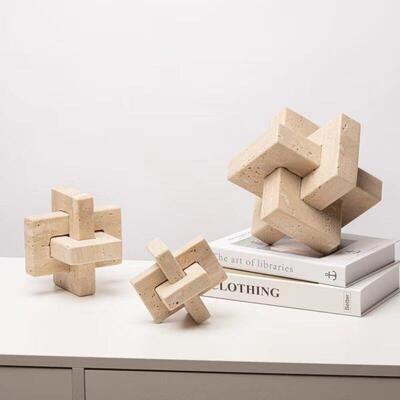 现代简单几何不对称大理石装饰品销售部样板间桌面黄色石灰华软装