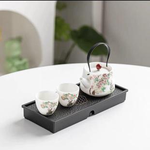 花前月下玉兔一壶二杯提梁壶推料烤花带茶盘送礼小套装下午茶