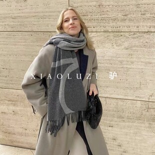 XIAOLUZI 驴 秋冬季tot'羊毛围巾女明星同款字母提花流苏披肩围脖