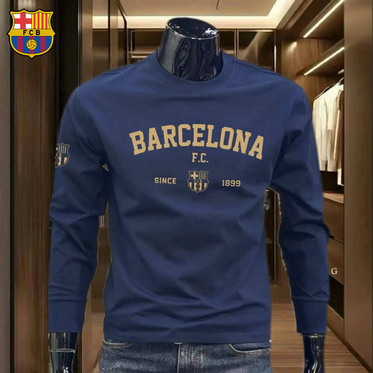 270g重磅纯棉长袖Barcelona巴萨足球运动男宽松休闲圆领上衣T恤潮