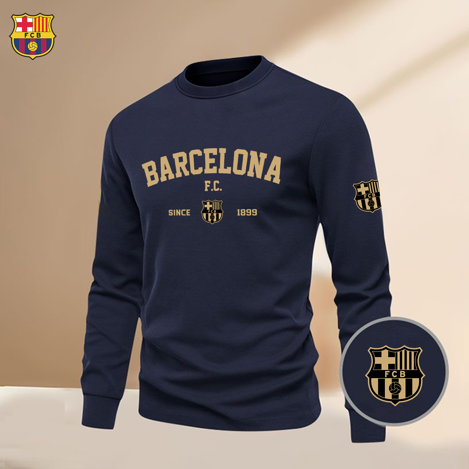 重磅100%纯棉长袖T恤男Barcelona巴萨圆领上衣运动休闲打底t恤男