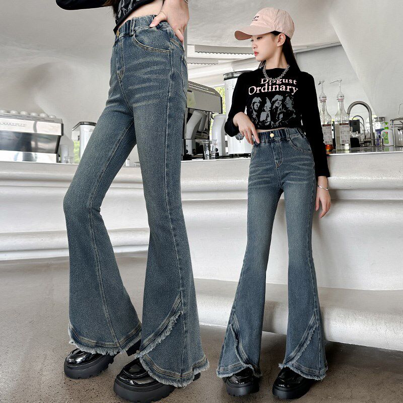 女童裤子秋装长裤2024新款中大童秋季修身牛仔裤儿童春秋款喇叭裤