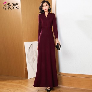 酒红色加绒加厚连衣裙修身长款2021冬季新款气质高端长裙到脚踝