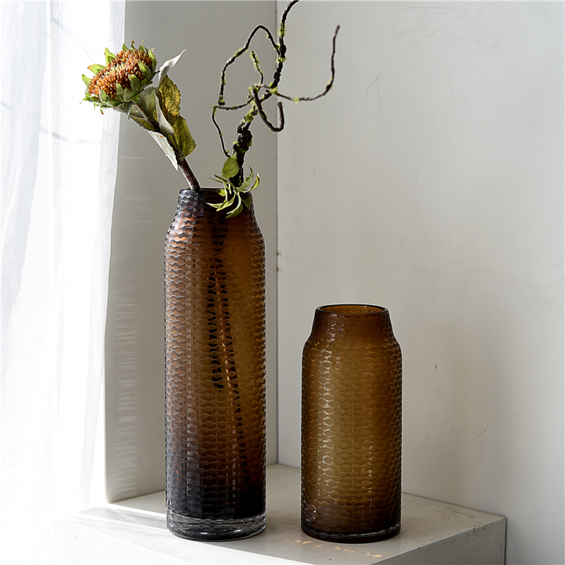 欧式手工雕刻棕色玻璃花瓶民宿台面装饰样板间电视柜桌面水培摆件