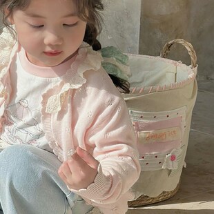 大小卷2025春季薄款花边领公主风针织外套女童独特超好看毛衣开衫