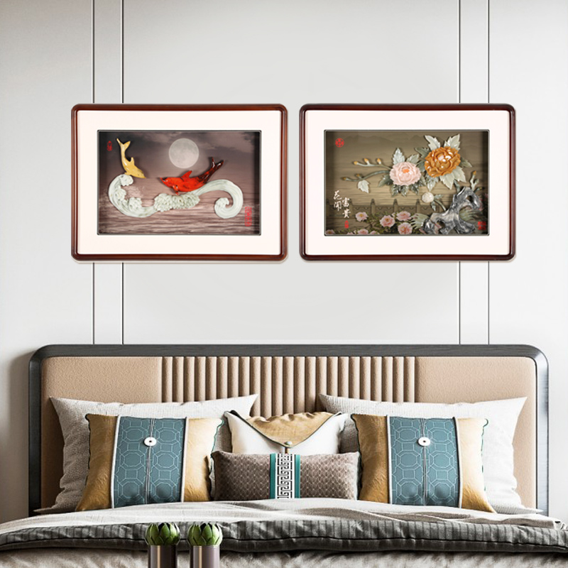 新中式客厅沙发背景墙装饰画中国风餐厅卧式床头玉雕挂画3d立体画