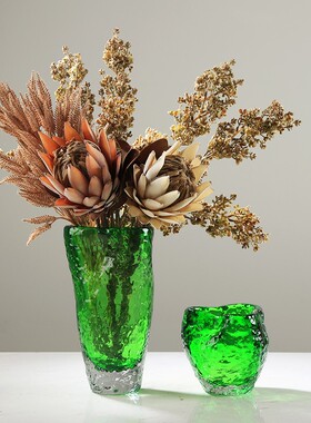 轻奢绿色琉璃可水培花瓶艺术摆件客厅样板间玄关餐桌插花花器装饰