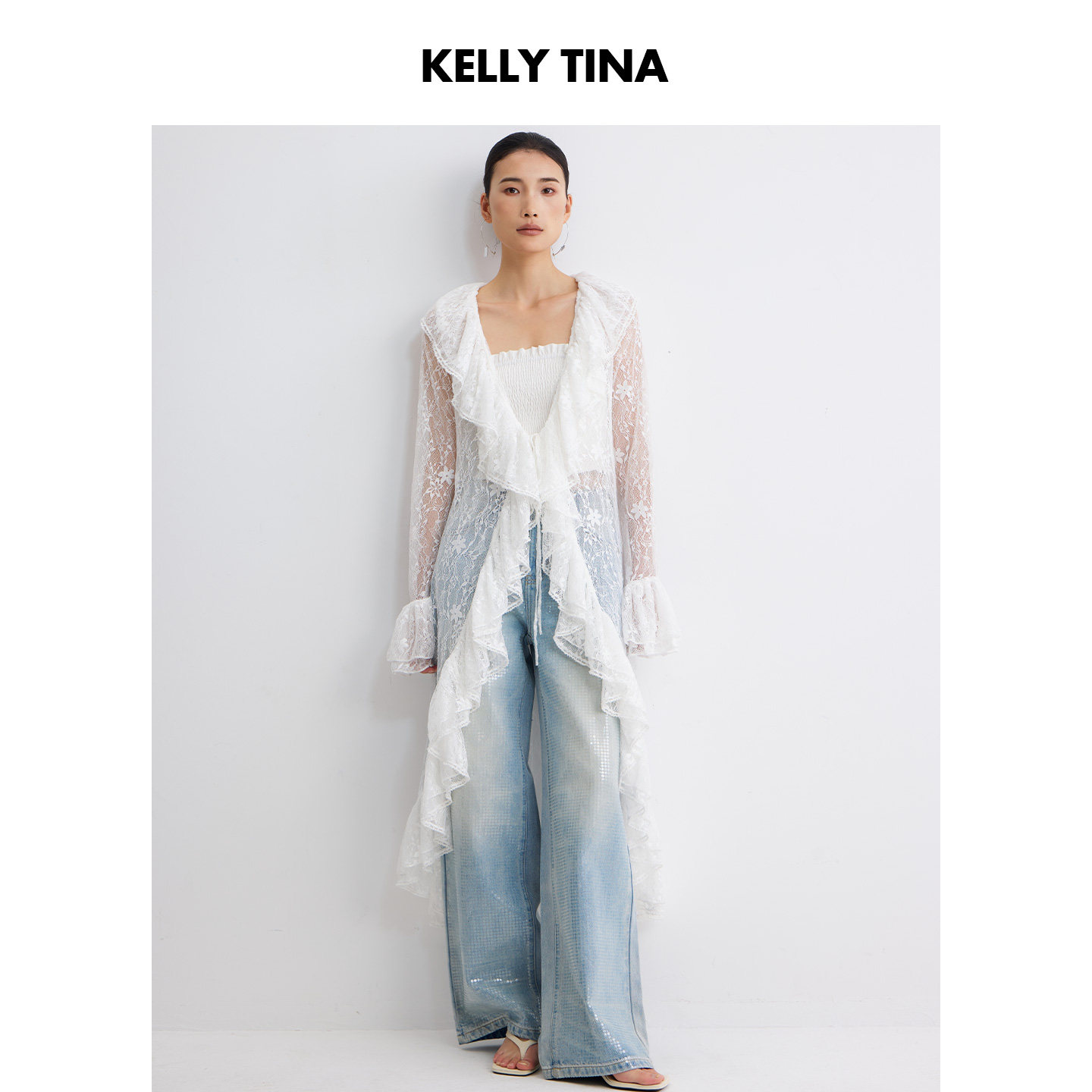 KELLY TINA 浪漫蕾丝风白色荷叶边雪纺罩衫女中长款系带仙气开衫
