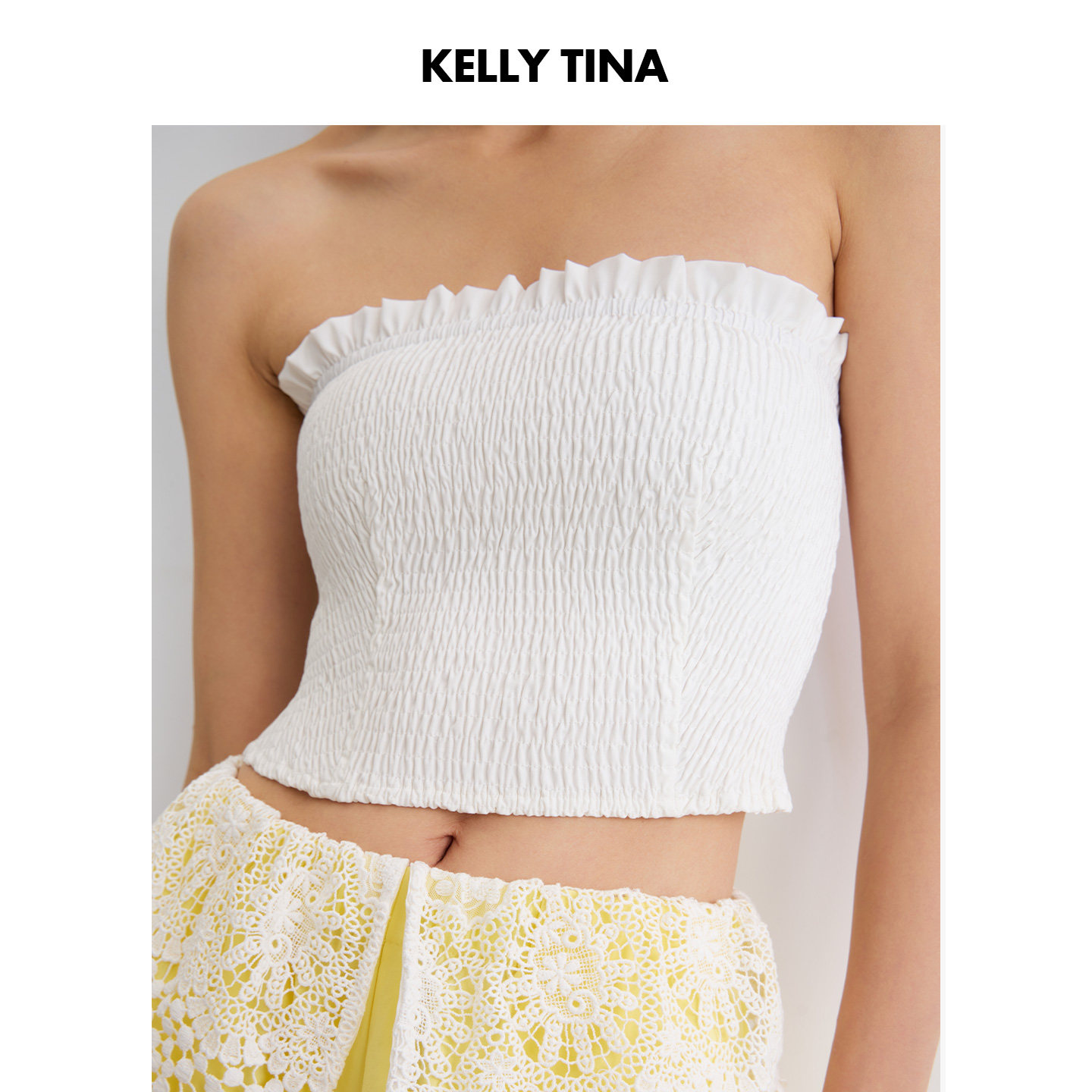 KELLY TINA 白色性感度假风针织抹胸女无袖短款上衣法式背心夏