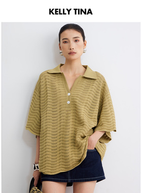 KELLY TINA 休闲风镂空纹理短袖T恤女黄色宽松上衣Polo领针织毛衫