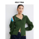 KELLY 外套 女大翻领条纹拼接绿色2026春季 TINA波浪袖 拉链针织开衫