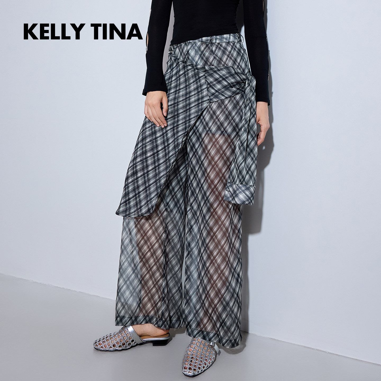 KELLY TINA超透气网纱格纹阔腿裤女设计感小众直筒裤复古休闲长裤
