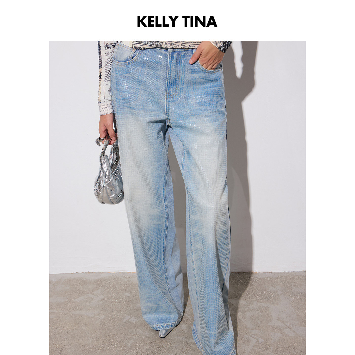 KELLY TINA闪耀星河复古水洗做旧宽松直筒亮片牛仔裤女浅蓝色长裤,女装/女士精品,牛仔裤,淘宝优惠券,粉丝福利购,淘宝优惠卷