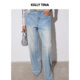 女浅蓝色长裤 KELLY TINA闪耀星河复古水洗做旧宽松直筒亮片牛仔裤