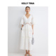 KELLY TINA轻熟度假风白色镂空蕾丝连衣裙女夏V领显瘦收腰长裙